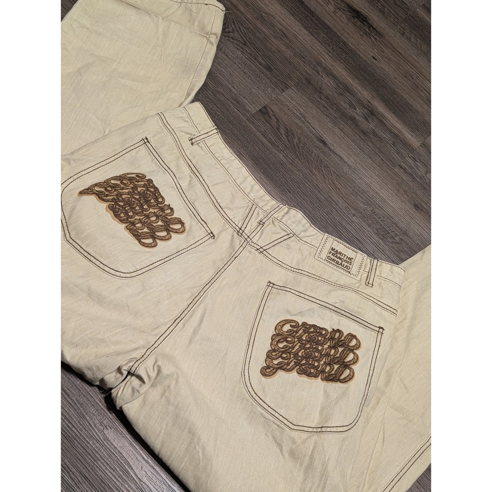 Marithe Francois Girbaud Beige Baggy Embroidered‎ Jeans Mens 38x32 GM9616 Y2K